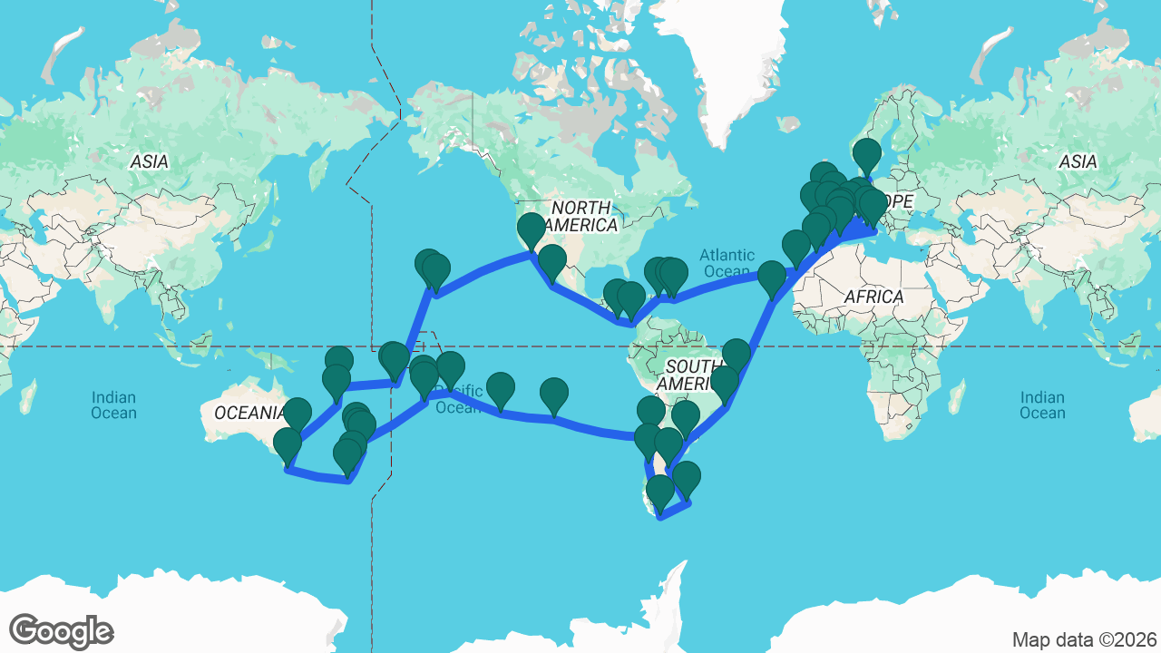 Route map: Genoa -> Marseille -> Barcelona -> Gibraltar -> Casablanca -> Mindelo -> Salvador -> Rio -> Buenos Aires -> Puerto Madryn -> Port Stanley -> Ushuaia -> Puerto Montt -> Santiago -> Easter Island -> Bounty Bay -> Tahiti -> Moorea -> Aitutaki -> Cook Islands -> Bay of Islands -> Auckland -> Tauranga -> Christchurch -> Dunedin -> Hobart -> Sydney -> Nouméa -> Santo -> Apia -> Pago Pago -> Honolulu -> Hilo -> Los Angeles -> Cabo -> Puntarenas -> Balboa -> La Romana -> Tortola -> St. Maarten -> Gran Canaria -> Ibiza -> Naples -> Rome -> Tarragona -> La Coruña -> Bilbao -> La Rochelle -> Brest -> Berlin