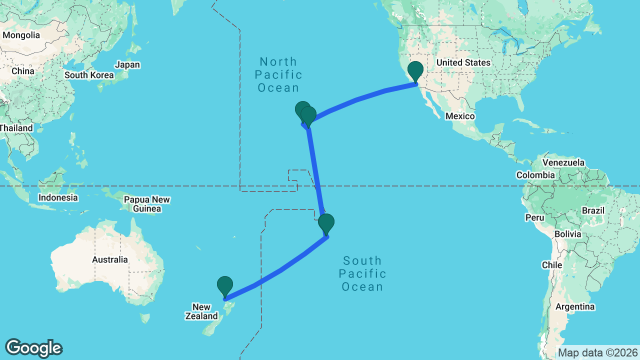 Route map: Auckland -> Tahiti -> Moorea -> Kona -> Honolulu -> Los Angeles