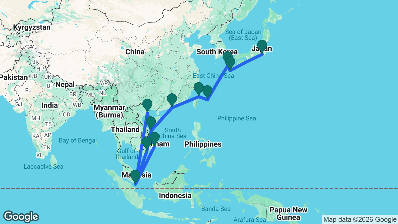 Route map: Tokyo -> Kagoshima -> Nagasaki -> Ishigaki -> Keelung -> Hong Kong -> Da Nang -> Ho Chi Minh City -> Singapore -> Cam Ranh -> Ha Long Bay -> Singapore