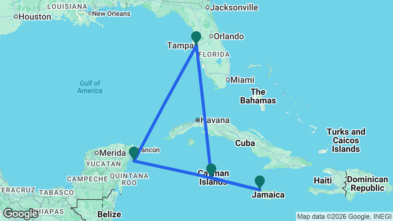 Route map: Tampa -> Cozumel -> Montego Bay -> Grand Cayman -> Tampa