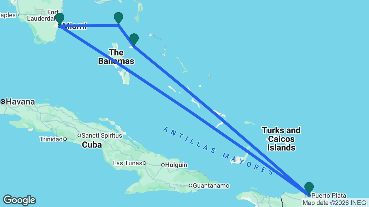 Route map: Miami -> Puerto Plata -> Nassau -> CocoCay -> Miami