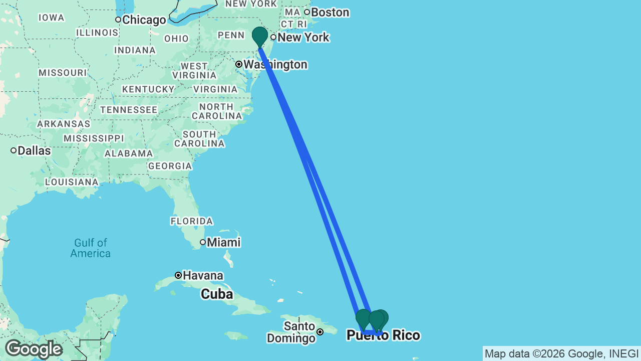 Route map: Philadelphia -> San Juan -> Tortola -> St. Thomas -> Philadelphia
