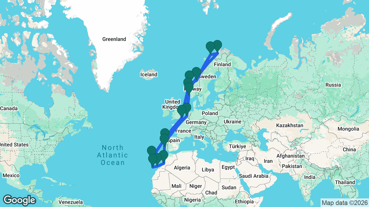 Route map: Rotterdam -> Porto -> Lisbon -> Agadir -> Lanzarote -> Tenerife -> Madeira -> Dover -> Ålesund -> Trondheim -> Tromsø -> Alta -> Bergen -> Stavanger -> Rotterdam