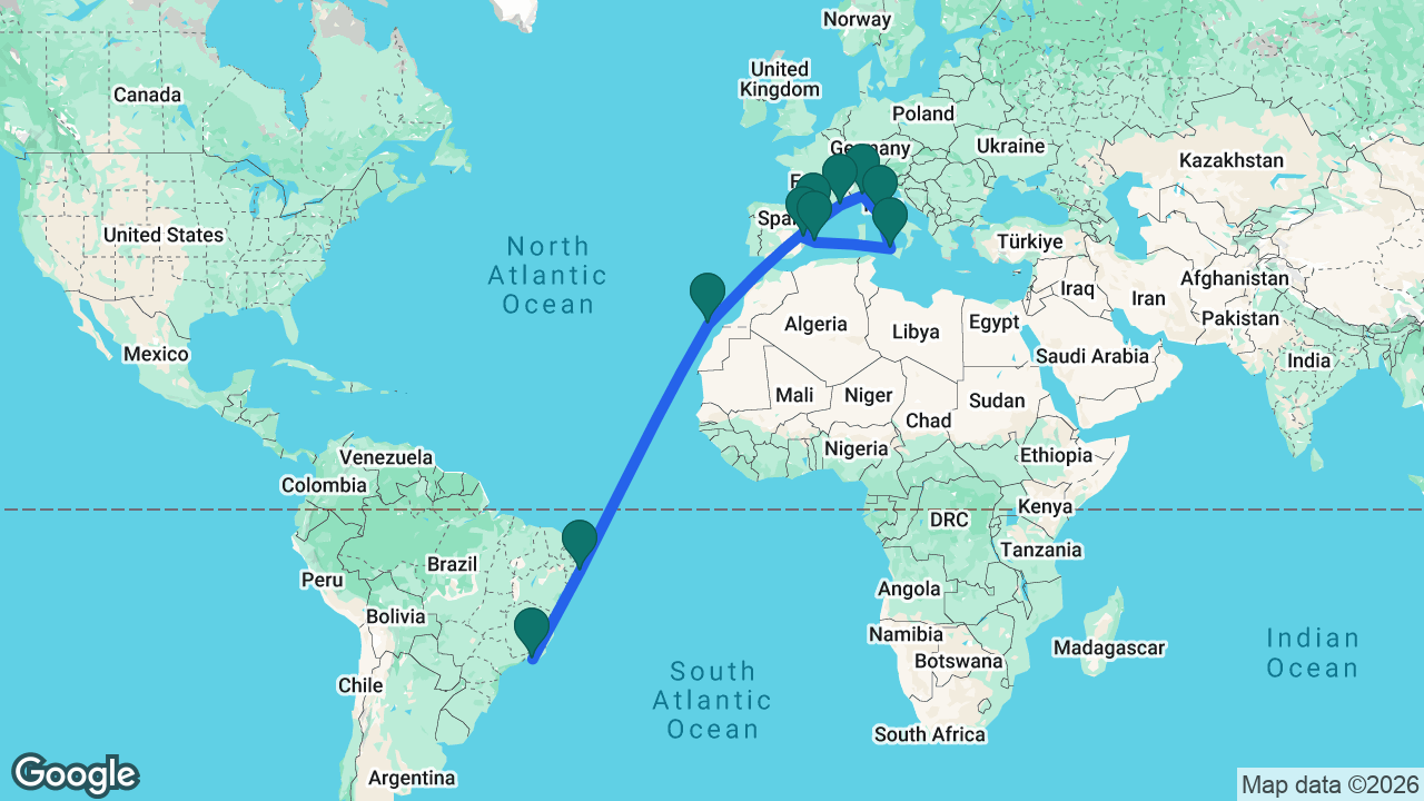 Route map: Rio -> Maceió -> Gran Canaria -> Tarragona -> Marseille -> Genoa -> Rome -> Palermo -> Ibiza -> Valencia