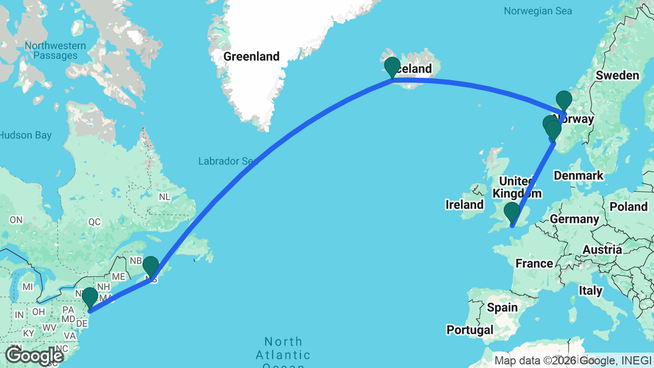 Route map: Southampton -> Stavanger -> Haugesund -> Skjolden -> Reykjavik -> Halifax -> New York