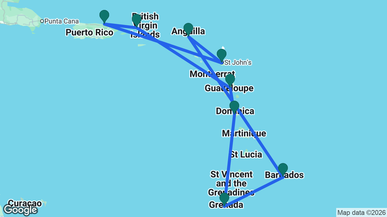 Route map: San Juan -> St. Thomas -> Guadeloupe -> Dominica -> Grenada -> Barbados -> St. Maarten -> Antigua -> San Juan
