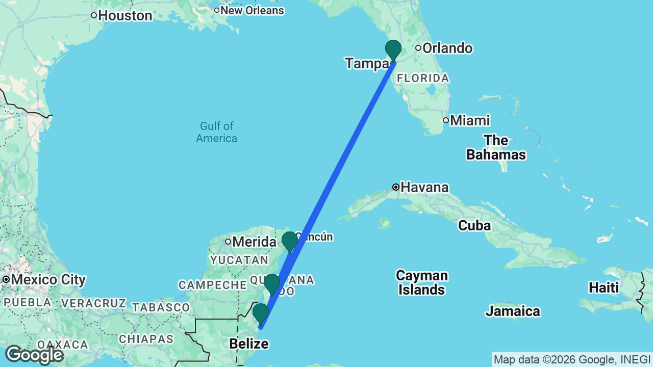 Route map: Tampa -> Belize City -> Cozumel -> Costa Maya -> Tampa