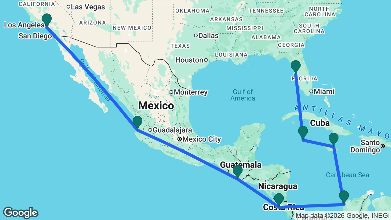 Route map: Los Angeles -> Puerto Vallarta -> Puerto Quetzal -> Puntarenas -> Cartagena -> Ocho Rios -> Grand Cayman -> Tampa