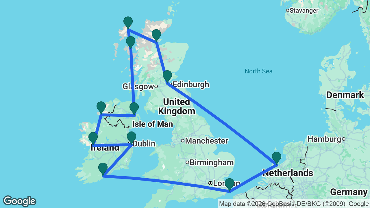 Route map: Dover -> Amsterdam -> South Queensferry -> Invergordon -> Stornoway -> Isle of Skye -> Belfast -> Killybegs -> Galway -> Dún Laoghaire -> Cobh -> Dover