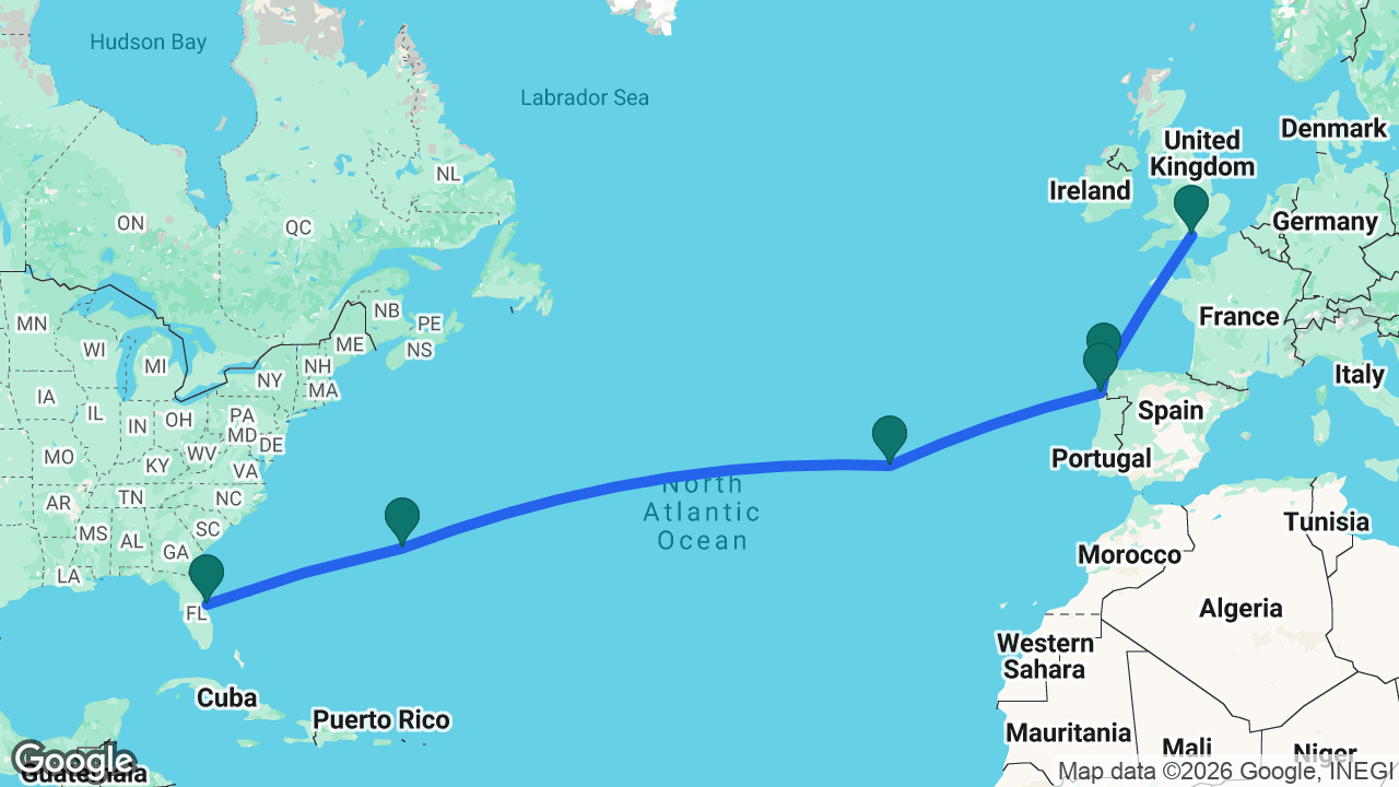 Route map: Southampton -> La Coruña -> Vigo -> Azores -> Bermuda -> Port Canaveral