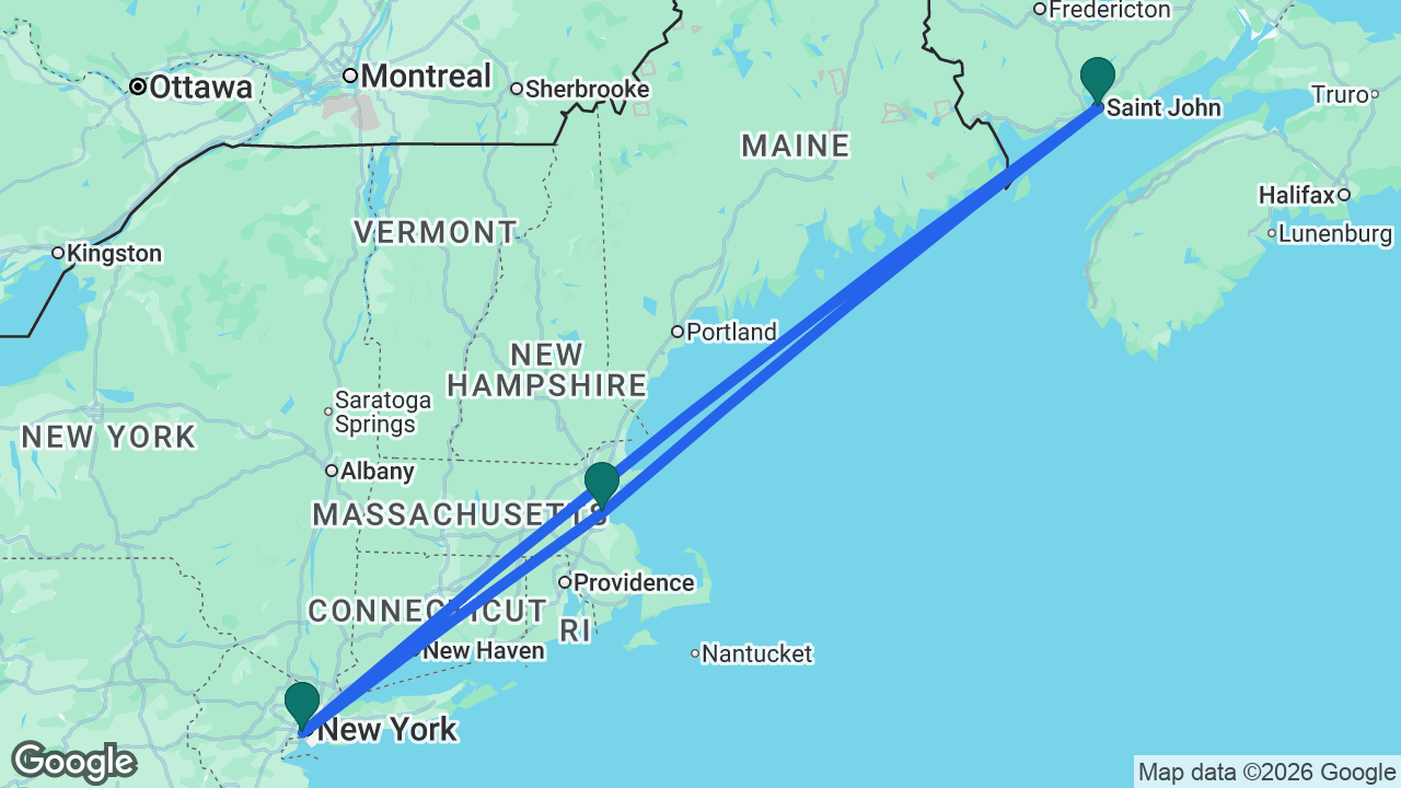 Route map: New York -> Saint John -> Boston -> New York