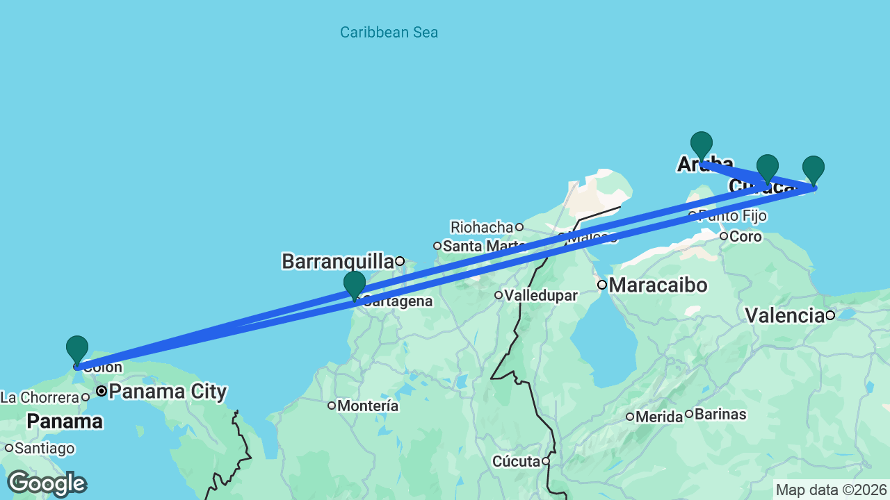 Route map: Colón -> Cartagena -> Bonaire -> Aruba -> Curaçao -> Colón