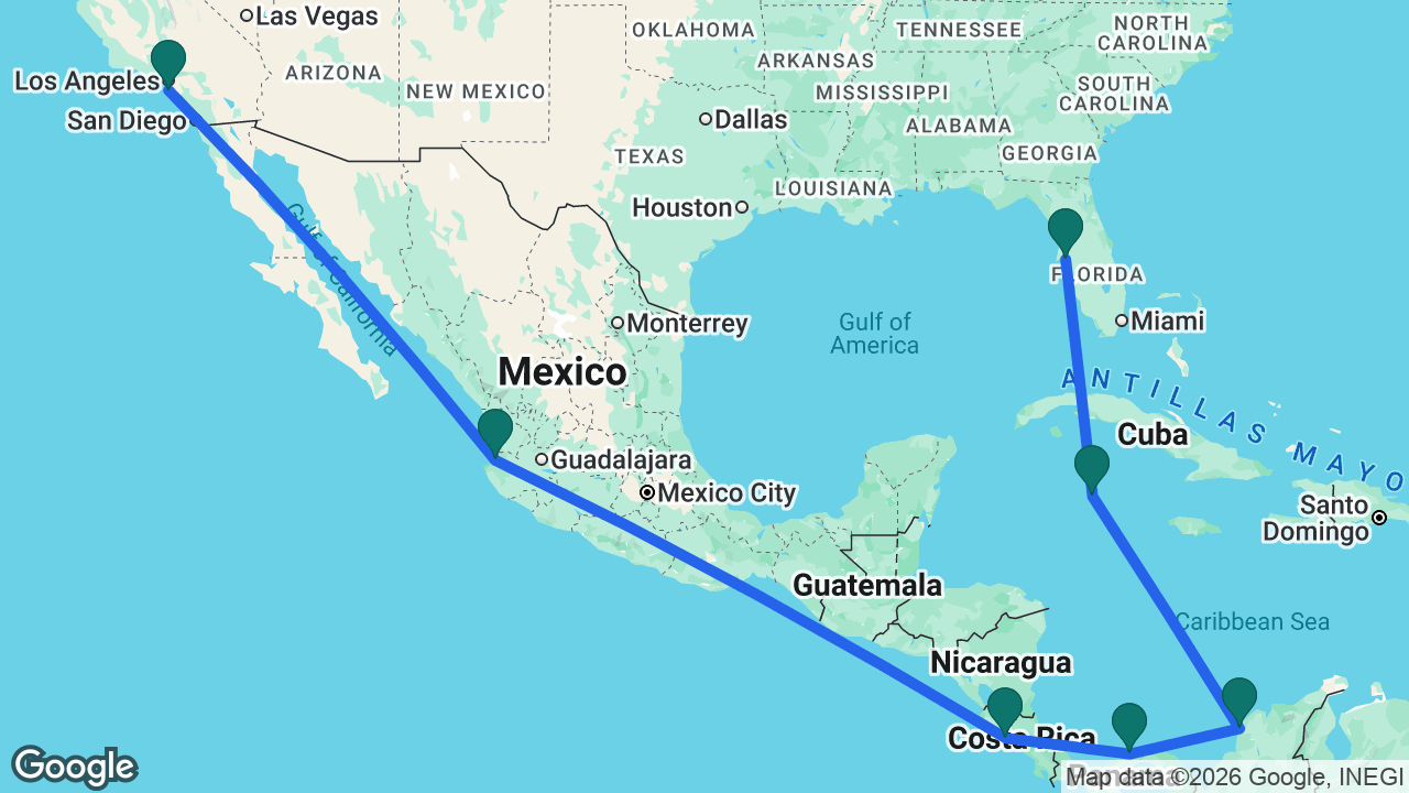Route map: Tampa -> Grand Cayman -> Cartagena -> Colón -> Puntarenas -> Puerto Vallarta -> Los Angeles