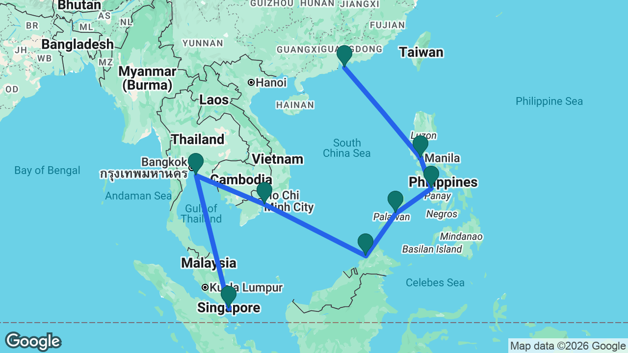 Route map: Singapore -> Bangkok -> Ho Chi Minh City -> Kota Kinabalu -> Puerto Princesa -> Boracay -> Manila -> Hong Kong