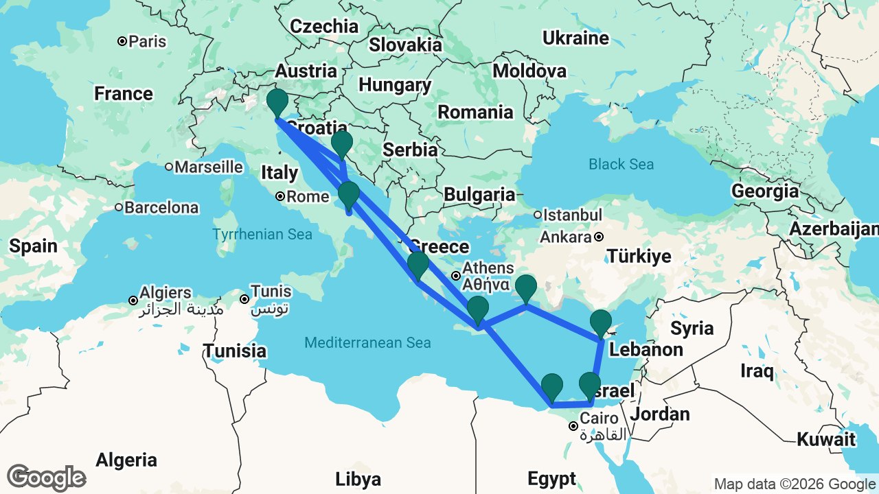 Route map: Bari -> Split -> Venice -> Katakolon -> Heraklion -> Rhodes -> Limassol -> Port Said -> Alexandria -> Venice