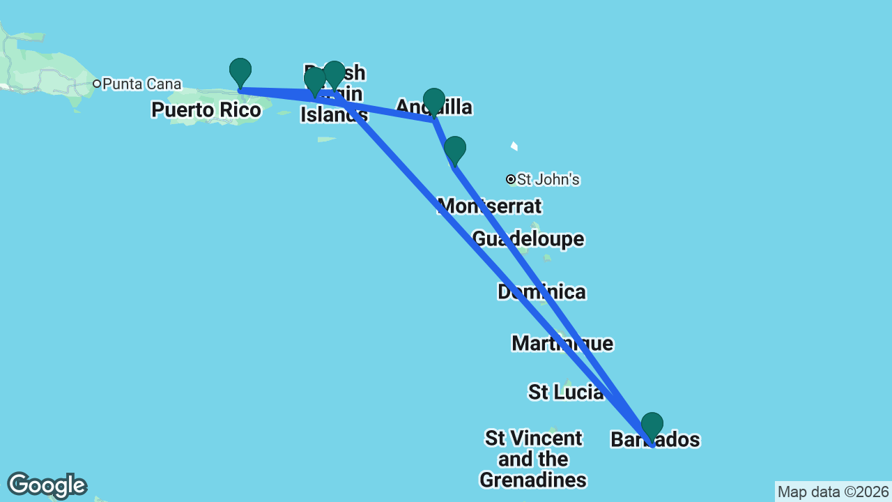 Route map: San Juan -> Tortola -> Barbados -> St. Kitts -> St. Maarten -> St. Thomas -> San Juan