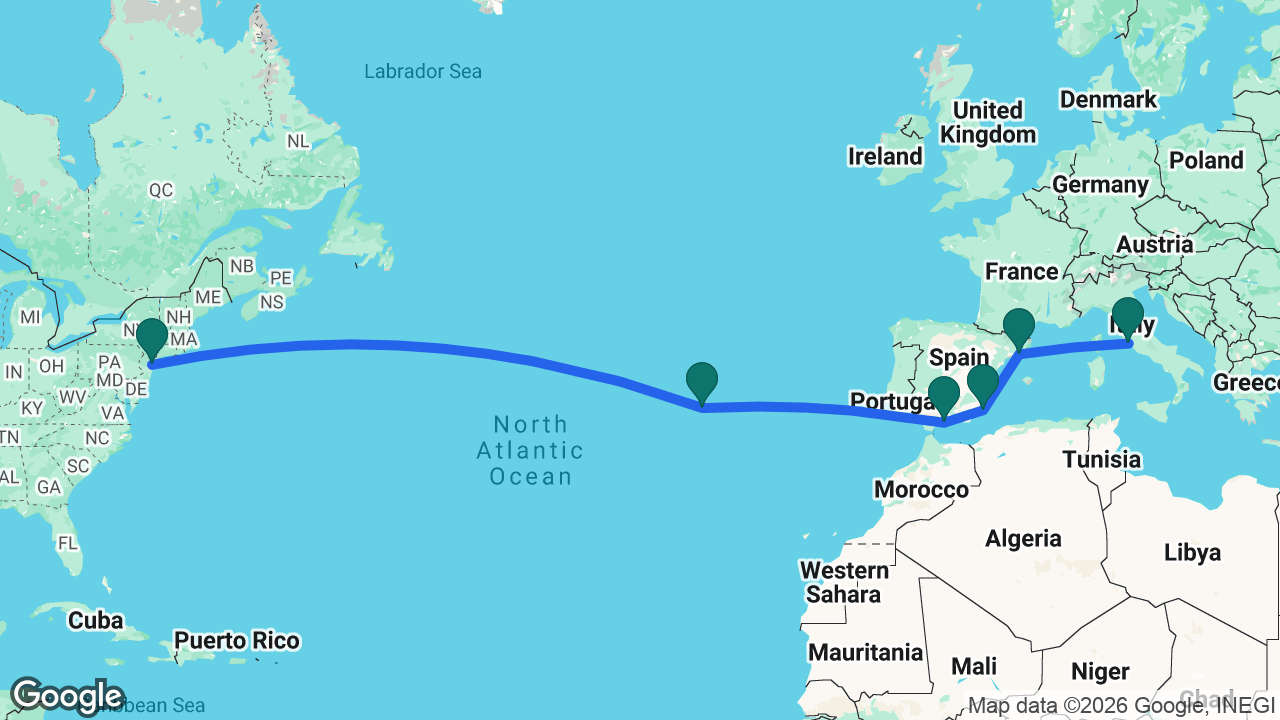 Route map: Rome -> Barcelona -> Cartagena -> Málaga -> Azores -> New York