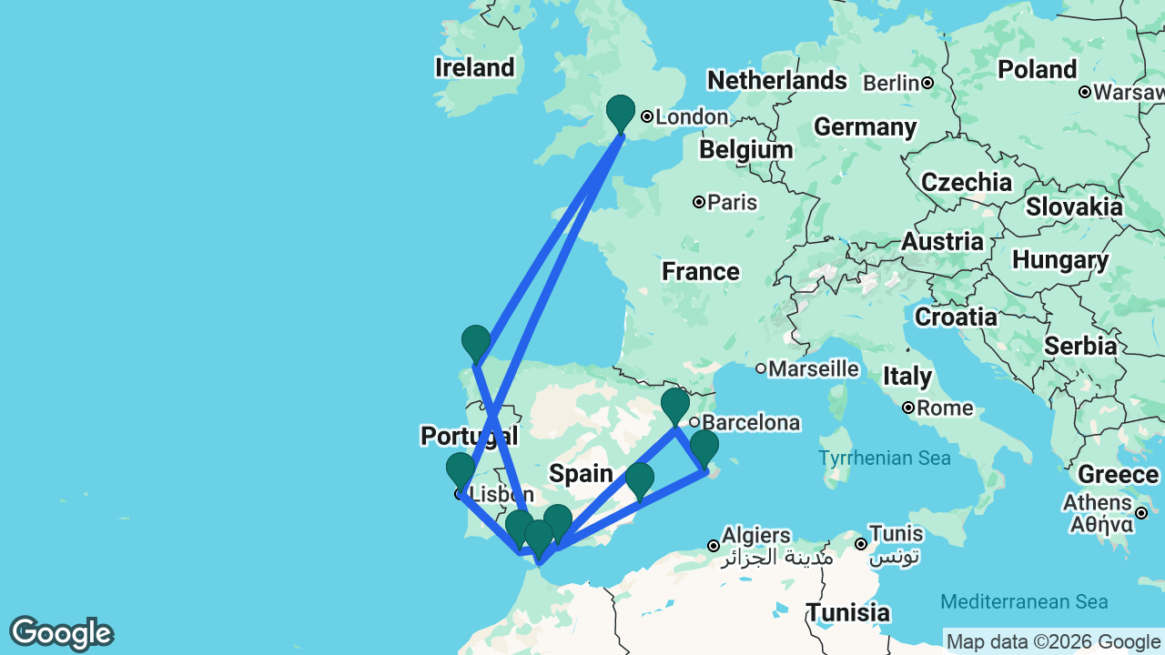 Route map: Southampton -> Lisbon -> Cádiz -> Málaga -> Alicante -> Mallorca -> Tarragona -> Gibraltar -> La Coruña -> Southampton