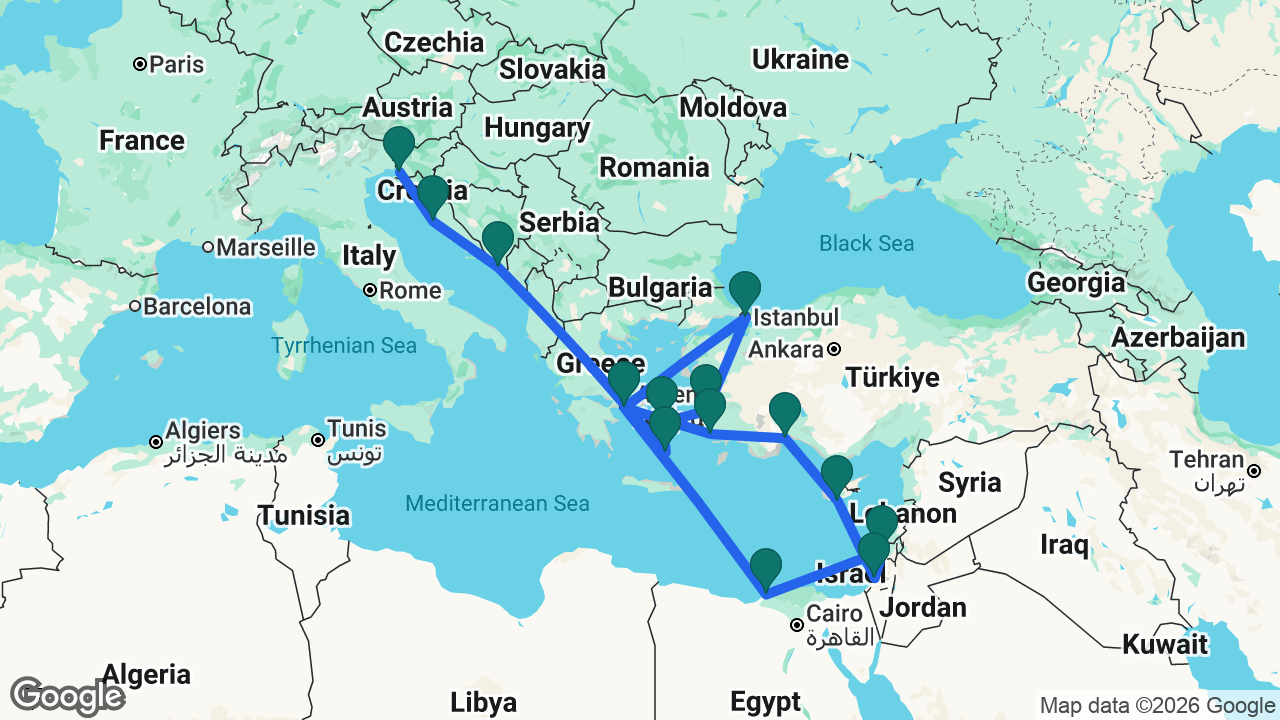 Route map: Trieste -> Zadar -> Dubrovnik -> Santorini -> Mykonos -> Ephesus -> Istanbul -> Athens -> Alexandria -> Haifa -> Ashdod -> Limassol -> Antalya -> Bodrum -> Athens