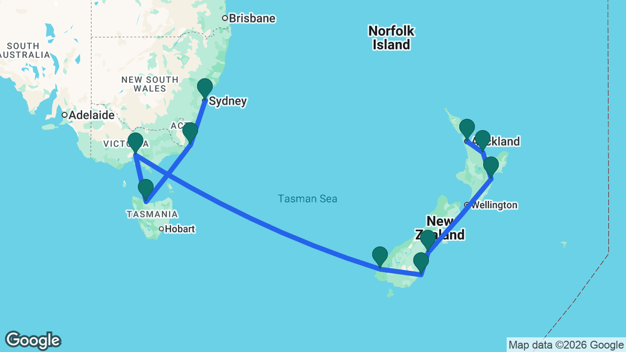Route map: Auckland -> Tauranga -> Napier -> Timaru -> Dunedin -> Dusky Sound -> Melbourne -> Tasmania -> Eden -> Sydney