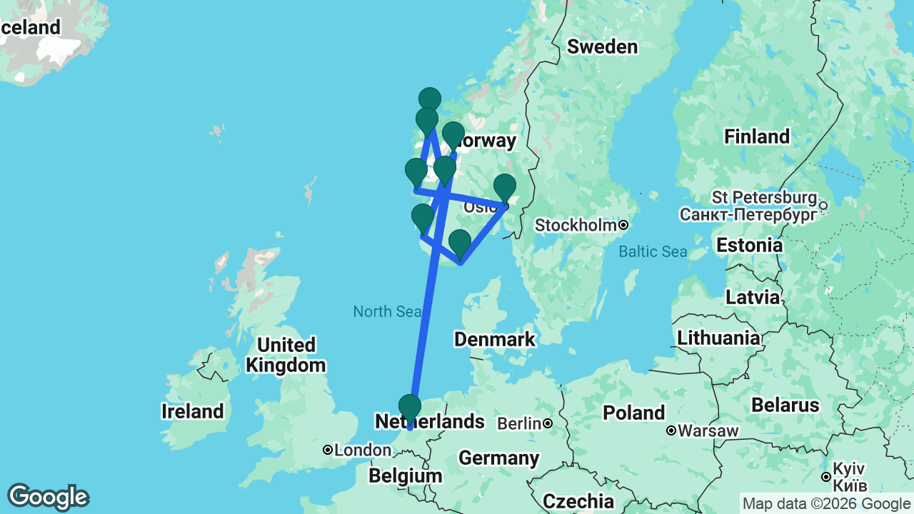 Route map: Amsterdam -> Eidfjord -> Ålesund -> Nordfjordeid -> Bergen -> Oslo -> Kristiansand -> Stavanger -> Skjolden -> Amsterdam