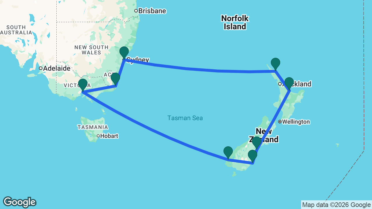 Route map: Sydney -> Eden -> Melbourne -> Dusky Sound -> Dunedin -> Timaru -> Tauranga -> Bay of Islands -> Sydney