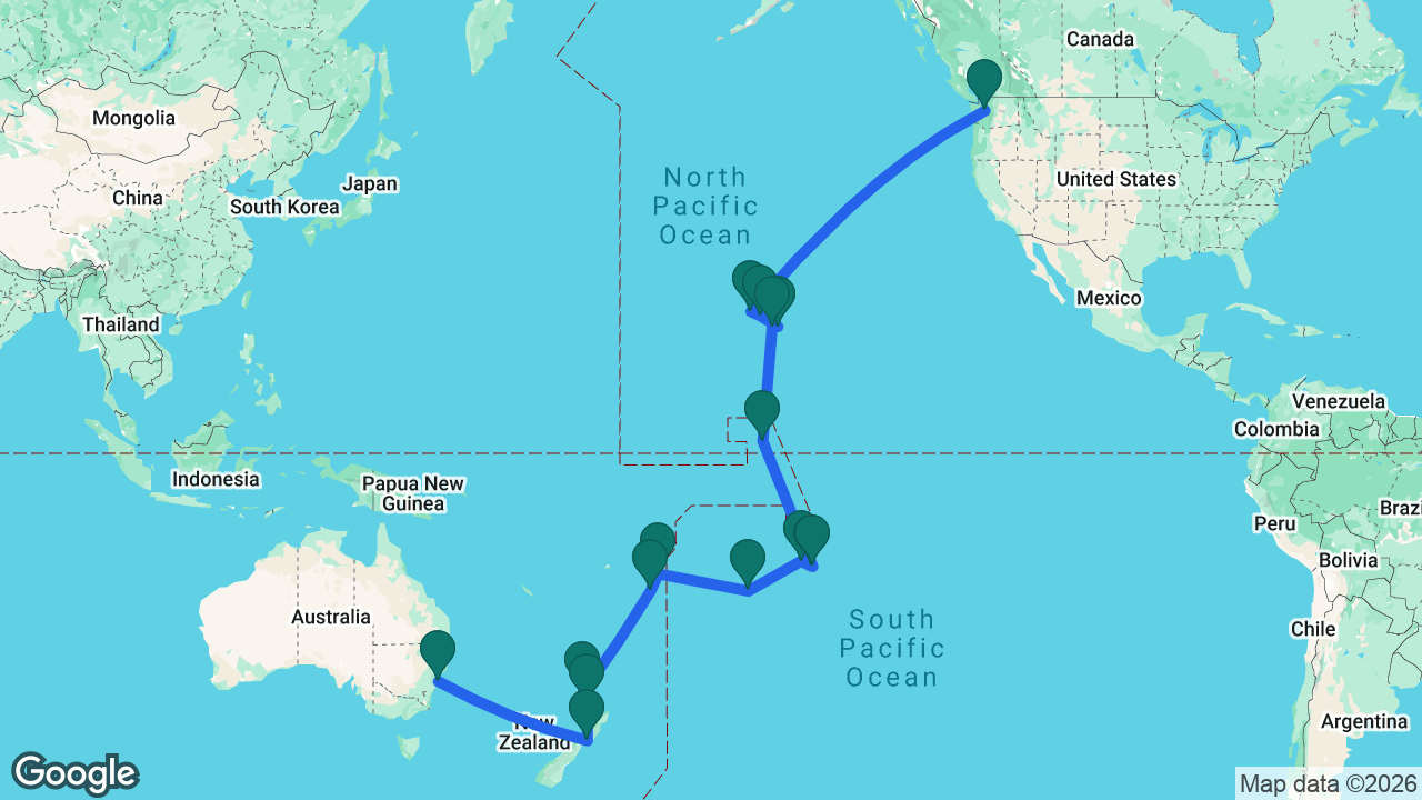 Route map: Seattle -> Kauai -> Honolulu -> Hilo -> Kona -> Kiritimati -> Tahiti -> Moorea -> Raiatea -> Cook Islands -> Vava'u -> Nuku'alofa -> Bay of Islands -> Auckland -> Wellington -> Sydney