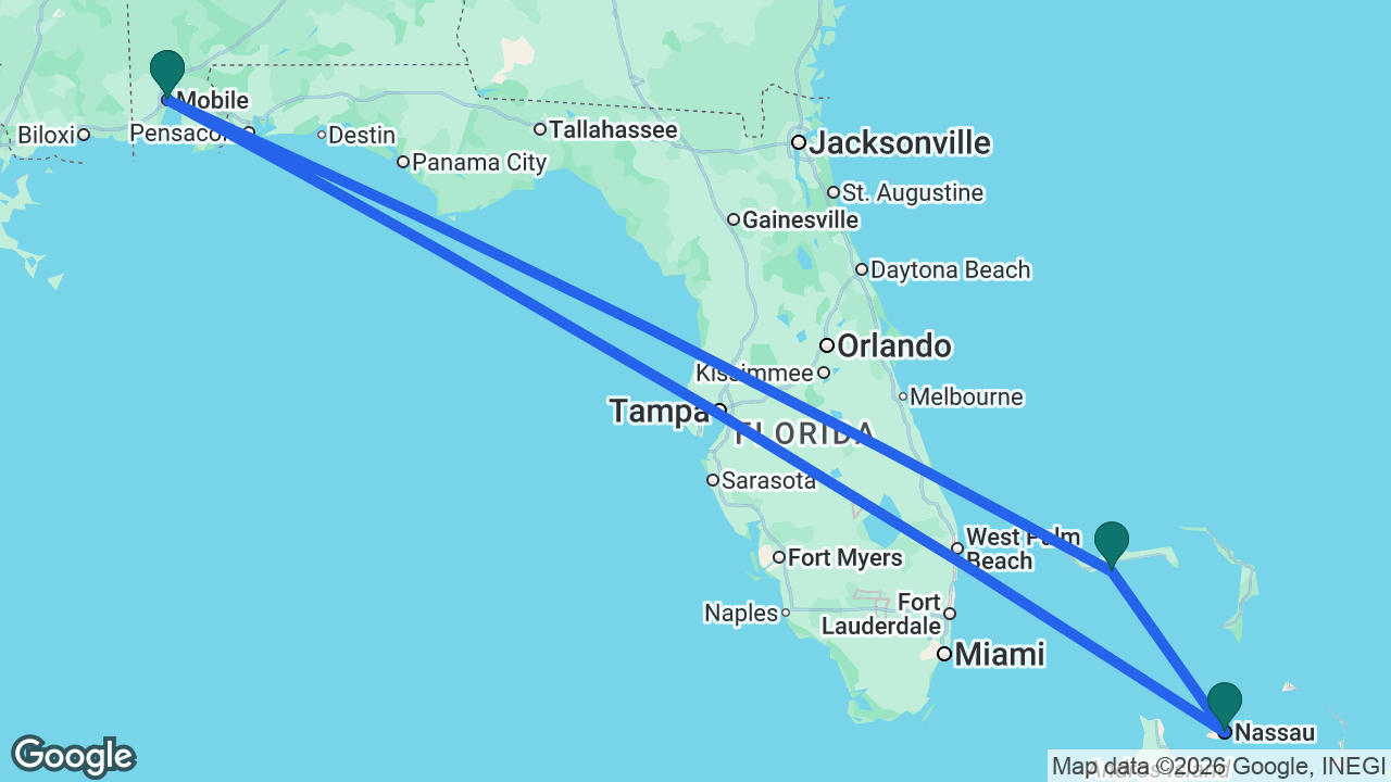 Route map: Mobile -> Celebration Key -> Nassau -> Mobile