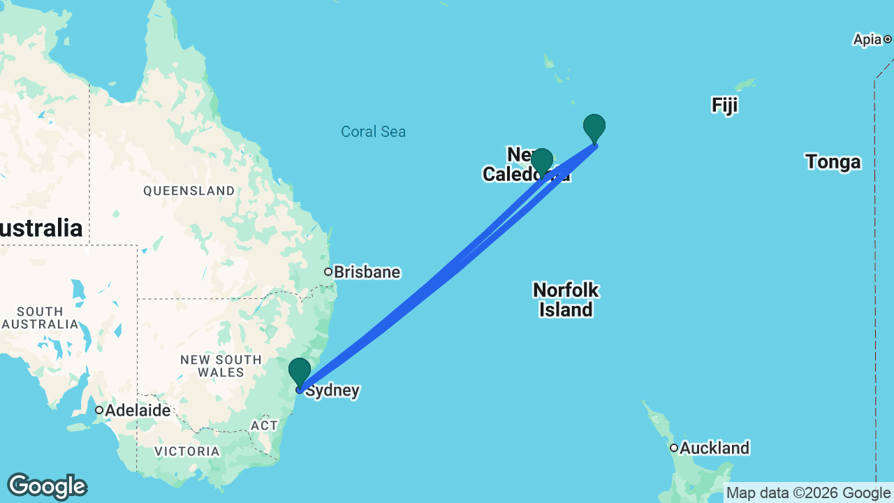 Route map: Sydney -> Nouméa -> Mystery Island -> Sydney