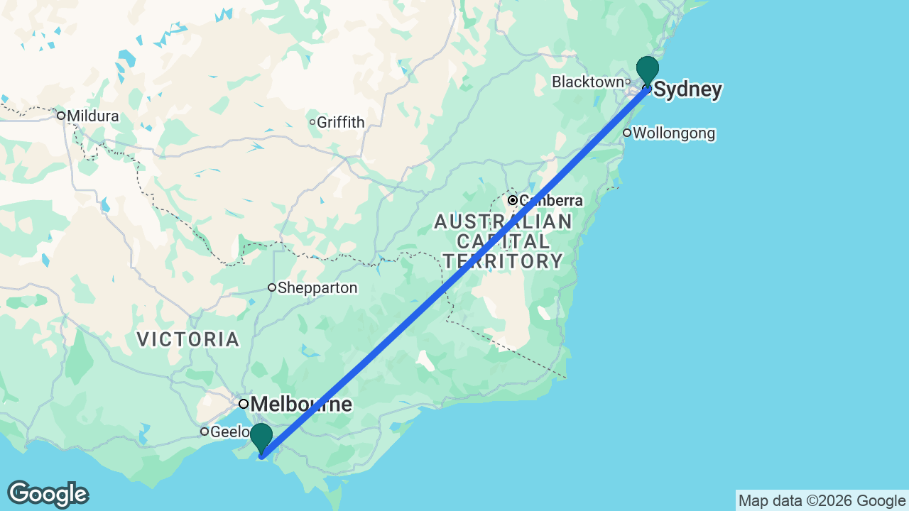 Route map: Sydney -> Phillip Island -> Sydney