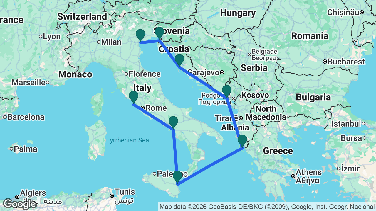 Route map: Rome -> Amalfi Coast -> Catania -> Corfu -> Kotor -> Zadar -> Koper -> Venice