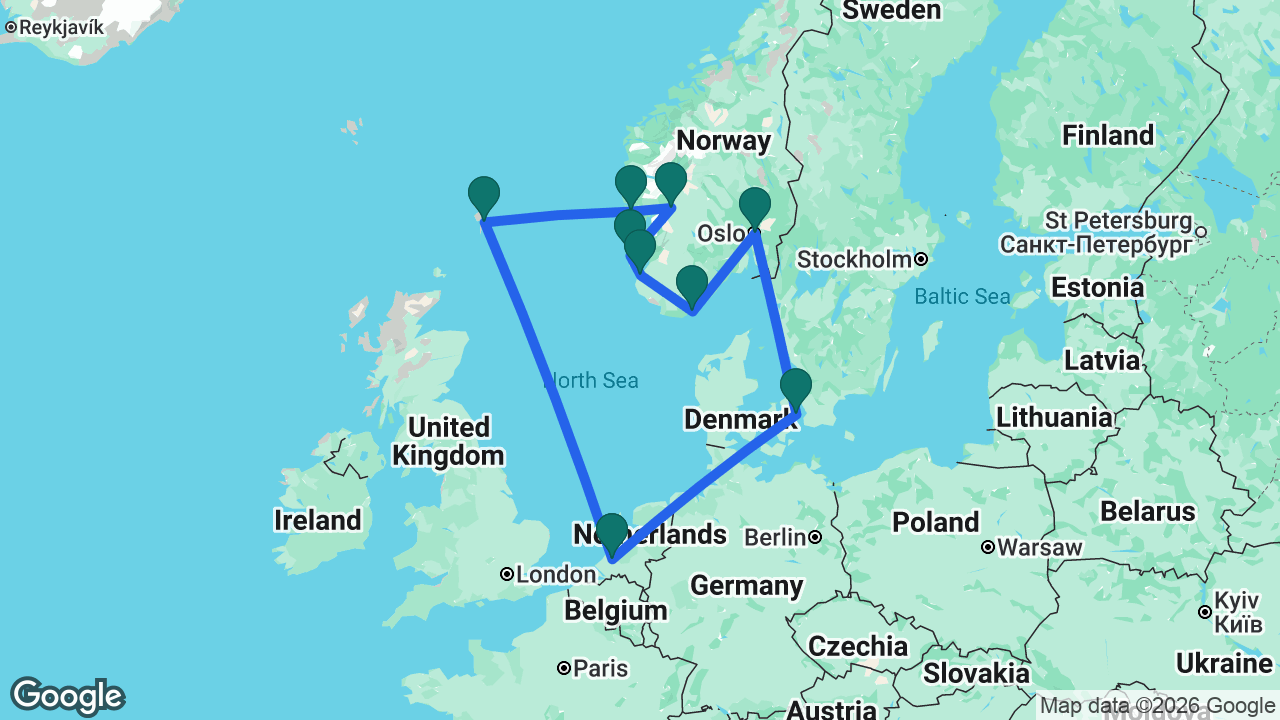Route map: Rotterdam -> Copenhagen -> Oslo -> Kristiansand -> Stavanger -> Haugesund -> Eidfjord -> Bergen -> Lerwick -> Rotterdam