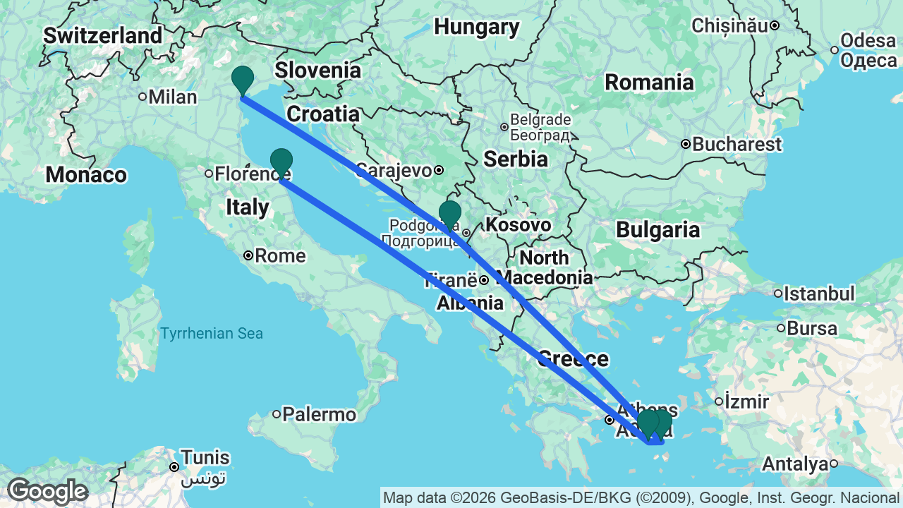 Route map: Venice -> Kotor -> Mykonos -> Syros -> Ancona