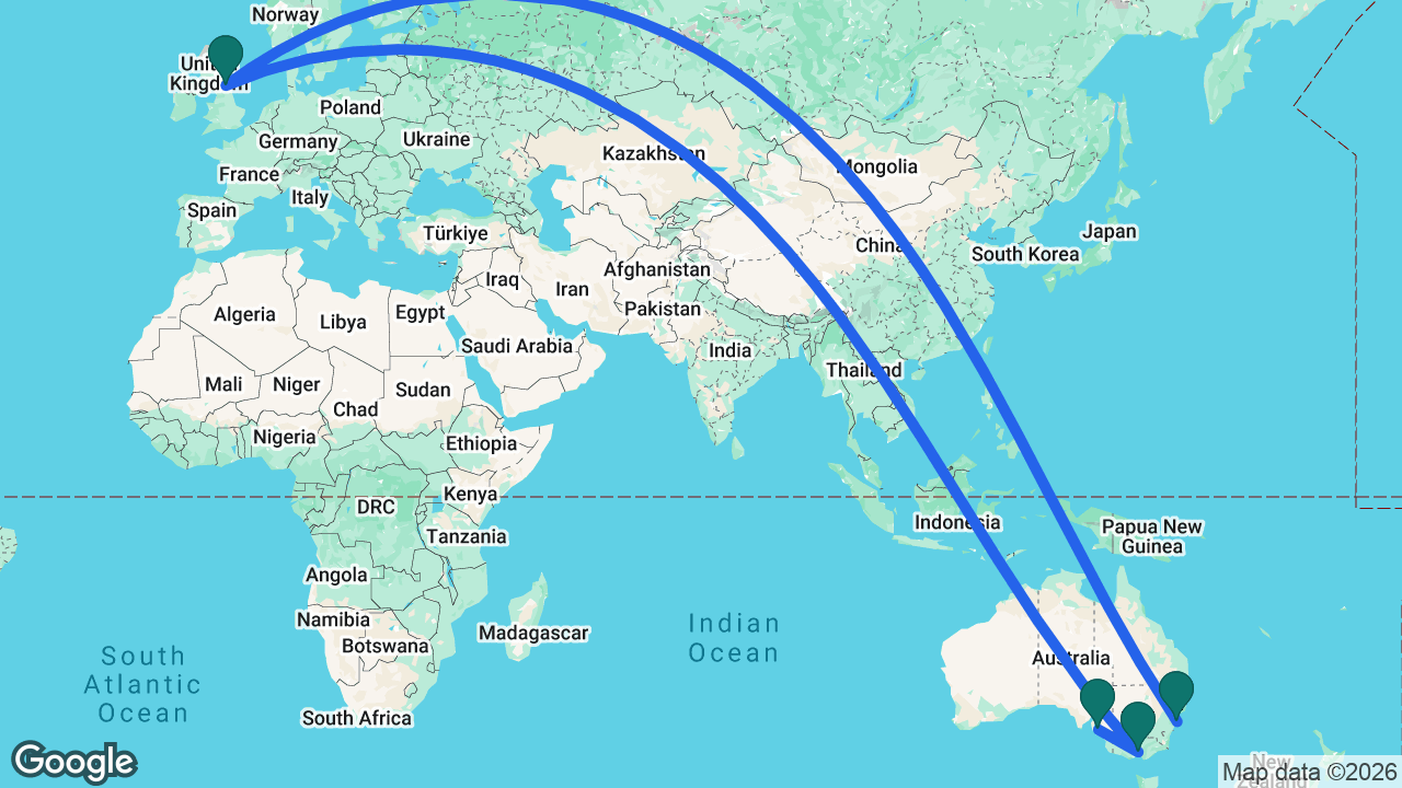 Route map: Sydney -> Newcastle -> Melbourne -> Adelaide