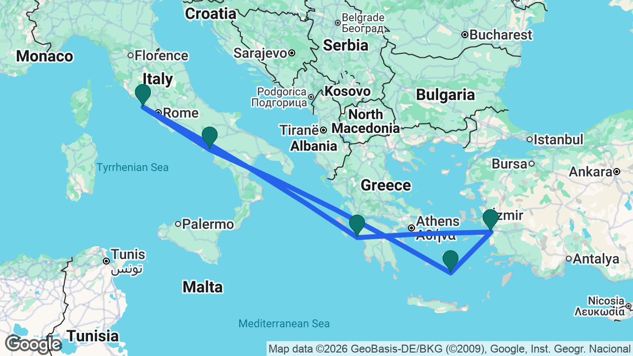 Route map: Rome -> Amalfi Coast -> Santorini -> Ephesus -> Katakolon -> Rome
