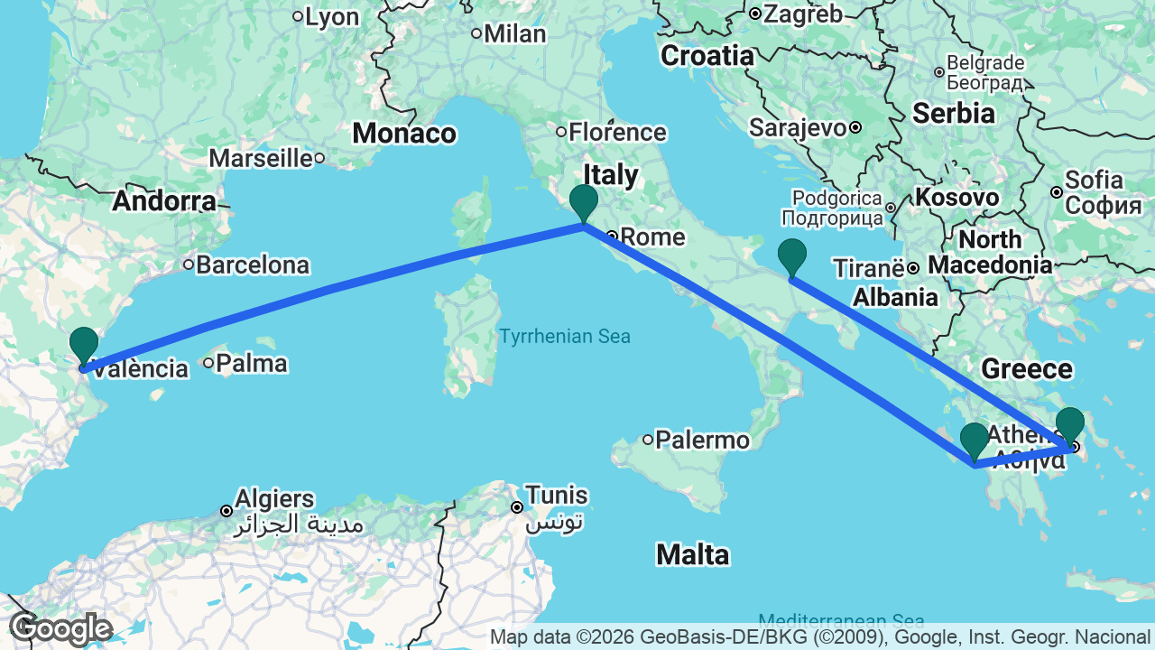 Route map: Bari -> Athens -> Katakolon -> Rome -> Valencia