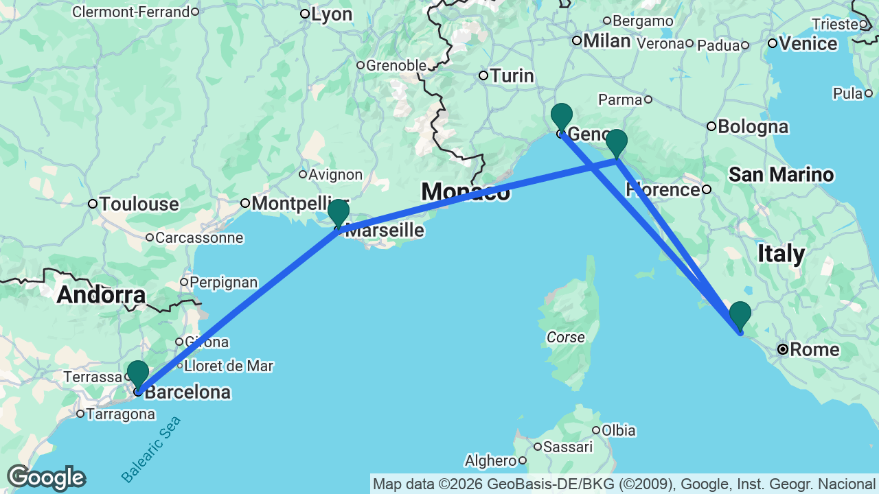 Route map: Genoa -> Rome -> La Spezia -> Marseille -> Barcelona