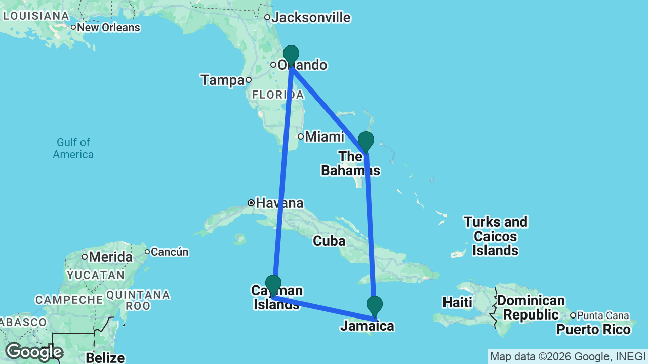 Route map: Port Canaveral -> Nassau -> Ocho Rios -> Grand Cayman -> Port Canaveral