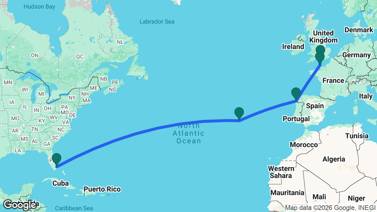 Route map: Fort Lauderdale -> Azores -> Vigo -> Cherbourg -> Southampton