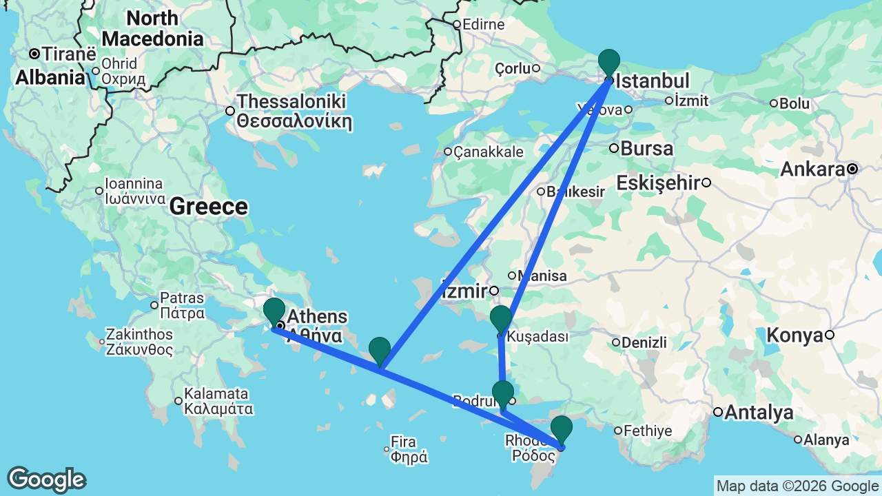 Route map: Athens -> Mykonos -> Istanbul -> Ephesus -> Kos -> Rhodes -> Athens