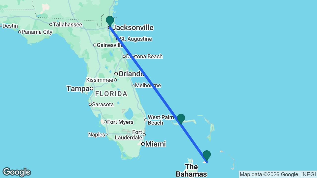 Route map: Jacksonville -> Celebration Key -> Nassau -> Jacksonville