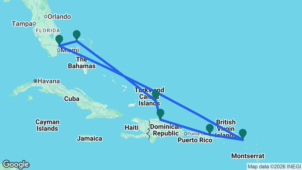 Route map: Fort Lauderdale -> St. Maarten -> San Juan -> Amber Cove -> Grand Turk -> Celebration Key -> Fort Lauderdale