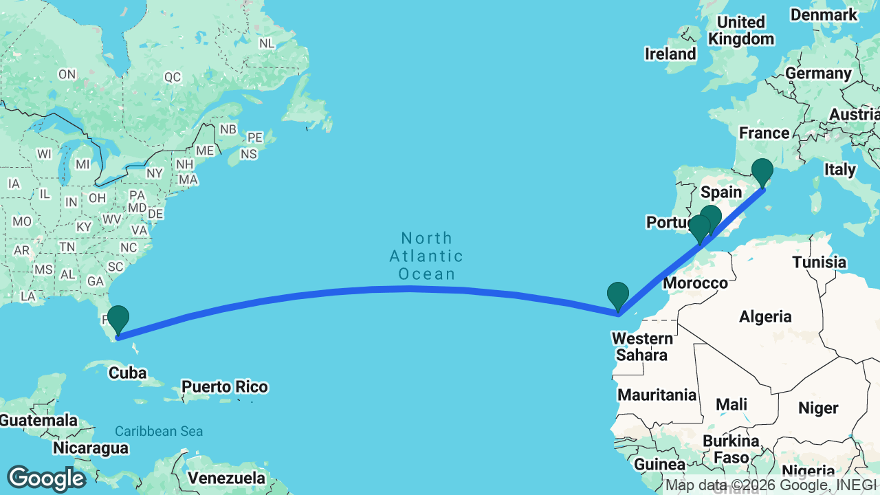 Route map: Miami -> Tenerife -> Tangier -> Málaga -> Barcelona