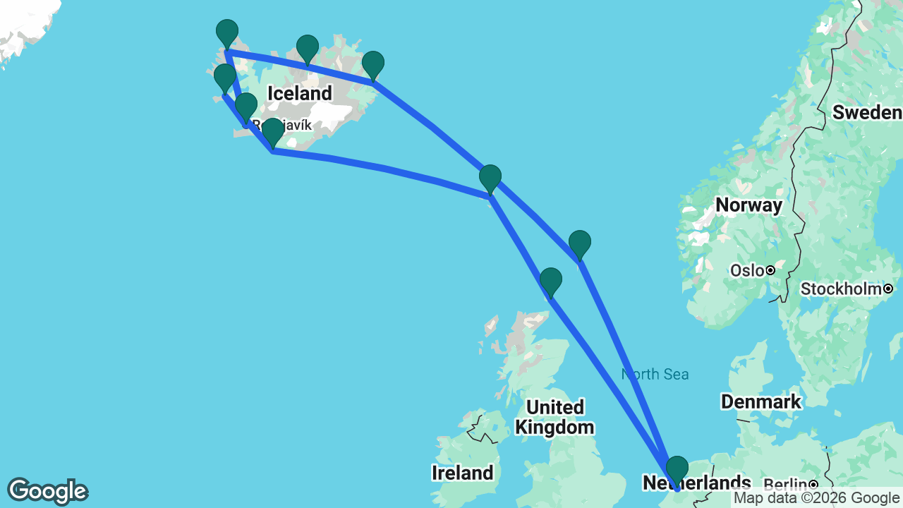 Route map: Amsterdam -> Lerwick -> Seydisfjordur -> Akureyri -> Isafjordur -> Reykjavik -> Grundarfjordur -> Heimaey -> Runavík -> Kirkwall -> Amsterdam