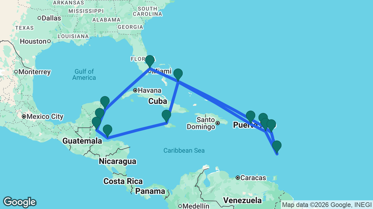 Route map: Fort Lauderdale -> St. Maarten -> Antigua -> St. Lucia -> St. Kitts -> St. Thomas -> Half Moon Cay -> Falmouth -> Roatán -> Belize City -> Costa Maya -> Cozumel -> Fort Lauderdale