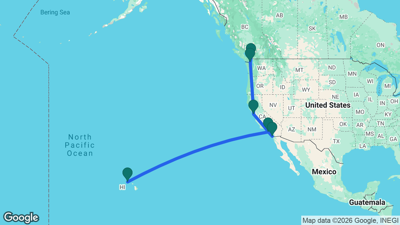 Route map: Honolulu -> Los Angeles -> San Diego -> San Francisco -> Victoria -> Vancouver