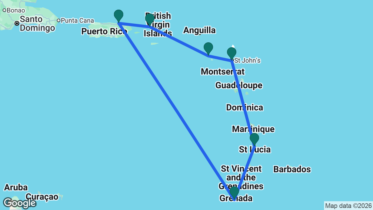 Route map: San Juan -> St. Thomas -> St. Kitts -> Antigua -> St. Lucia -> Grenada -> San Juan