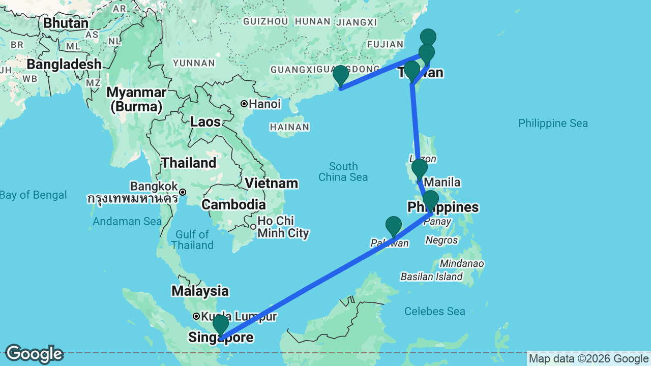 Route map: Singapore -> Puerto Princesa -> Boracay -> Manila -> Kaohsiung -> Hualien -> Keelung -> Hong Kong
