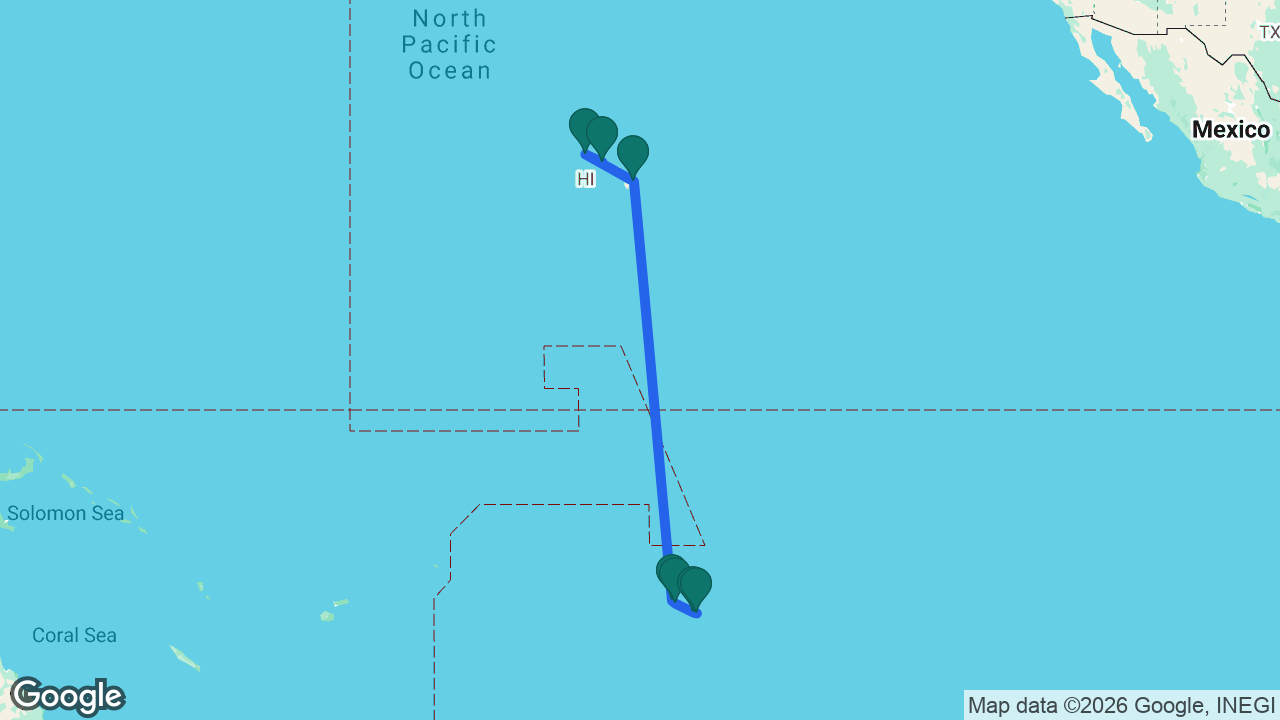 Route map: Tahiti -> Moorea -> Raiatea -> Bora Bora -> Hilo -> Kauai -> Honolulu
