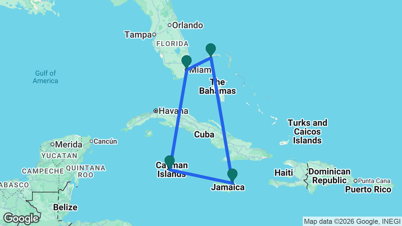 Route map: Miami -> Celebration Key -> Ocho Rios -> Grand Cayman -> Miami